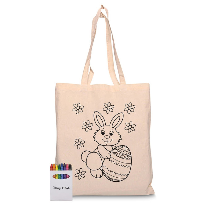 A calico bag featuring a bunny design and a crayon set with multiple colours. The bag has a logo.