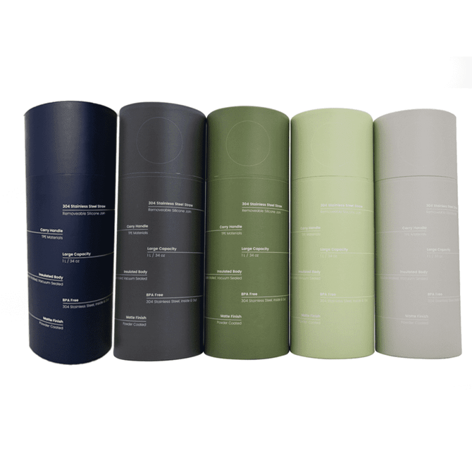 A drink bottle collection featuring navy, dark grey, olive green, light green, and grey colours, each with a logo.