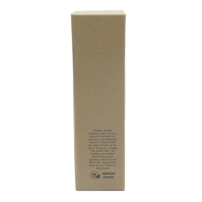 A drink bottle in a cardboard box, featuring a logo, showcasing a double-walled stainless steel design.
