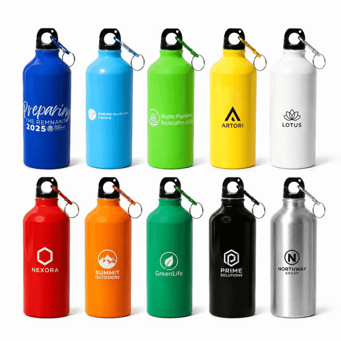 A drink bottle collection featuring various colours: blue, yellow, green, white, and stainless steel, each with a logo and a keyring.