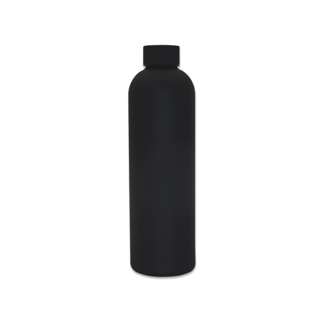 A black drink bottle with a sleek matte finish and a cap. It has a logo but specific details are not visible.