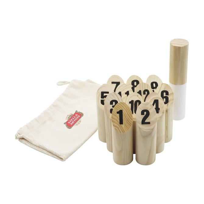 A set of wooden skittles with numbers, featuring a drawstring bag for storage. The skittles are natural wood colour.