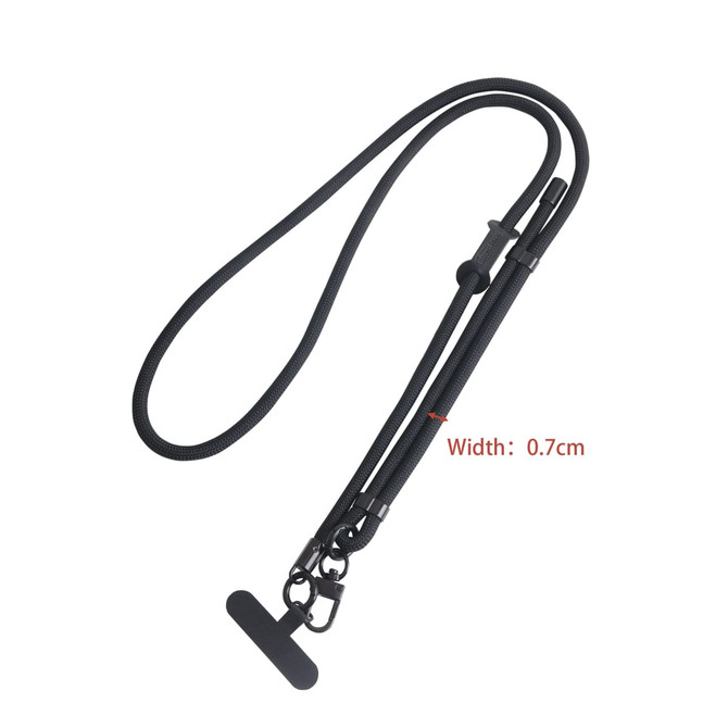An adjustable black phone lanyard with a clip and a T-shaped end for securing devices.
