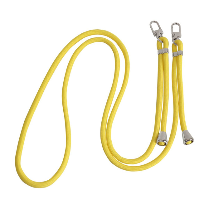 A yellow adjustable phone lanyard with two clips at the ends. It features a sleek design and shiny metal accents.