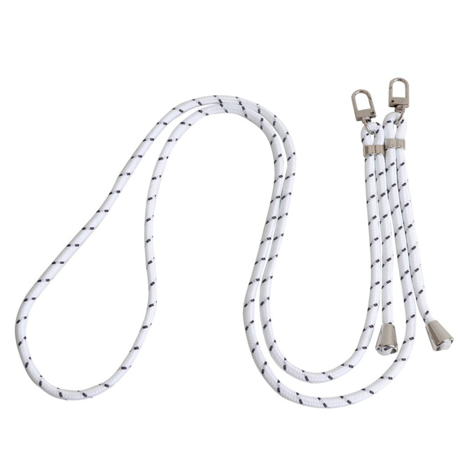An adjustable phone lanyard in white with black stripes, featuring clips at both ends.