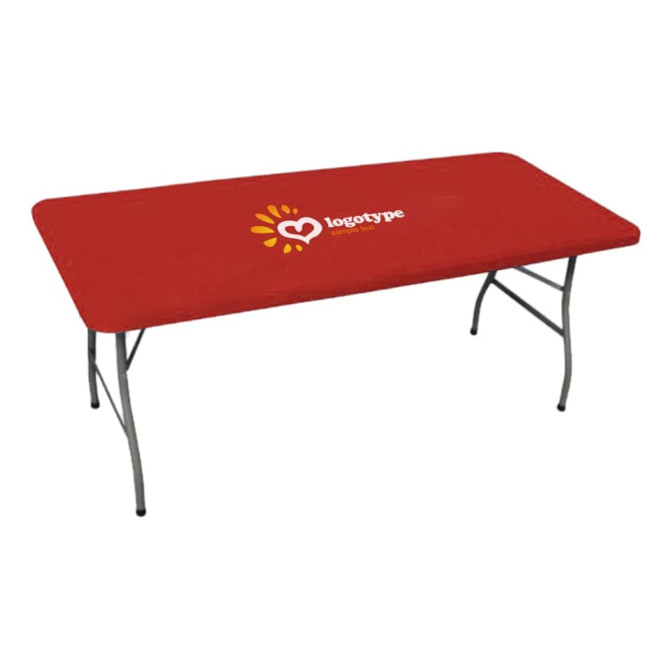 A red rectangular table topper with a logo on top, designed for an 8ft table. The table has a grey folding frame.