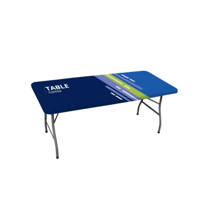 A rectangular table topper in blue with green and white stripes, featuring a logo on one side.