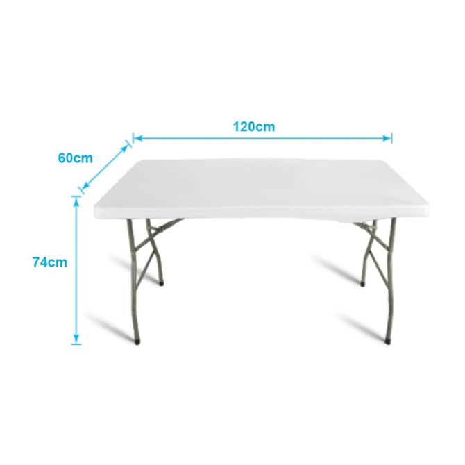 A rectangular, white table with folding legs, measuring 120 cm in length, 60 cm in width, and 74 cm in height.