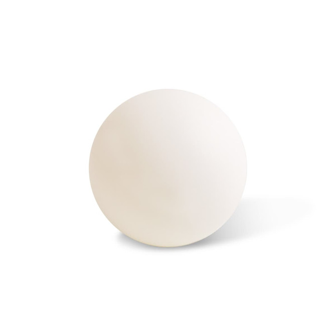 A white table tennis ball with a smooth surface, featuring a logo.