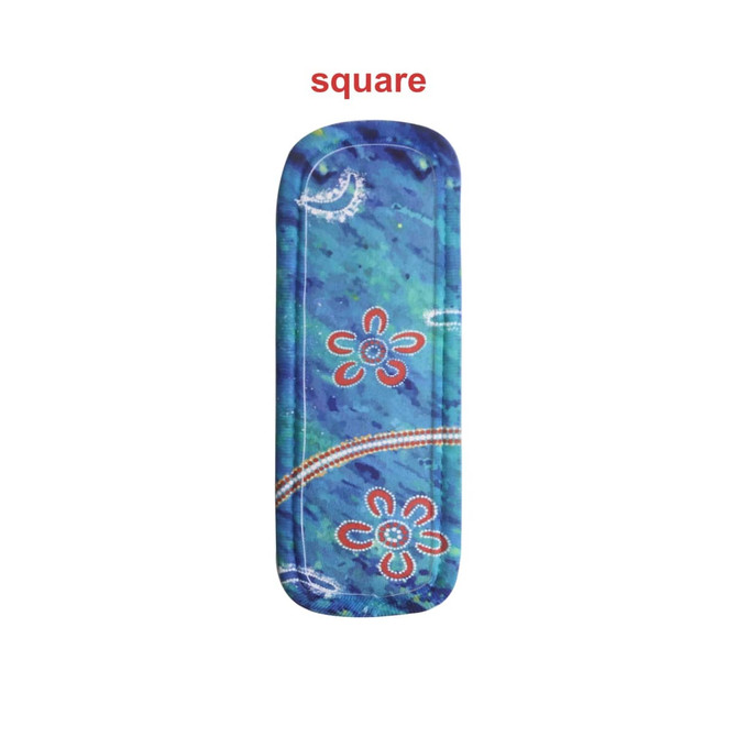 An Icy Pole Holder in blue with a floral pattern. It features a logo and a rectangular shape.