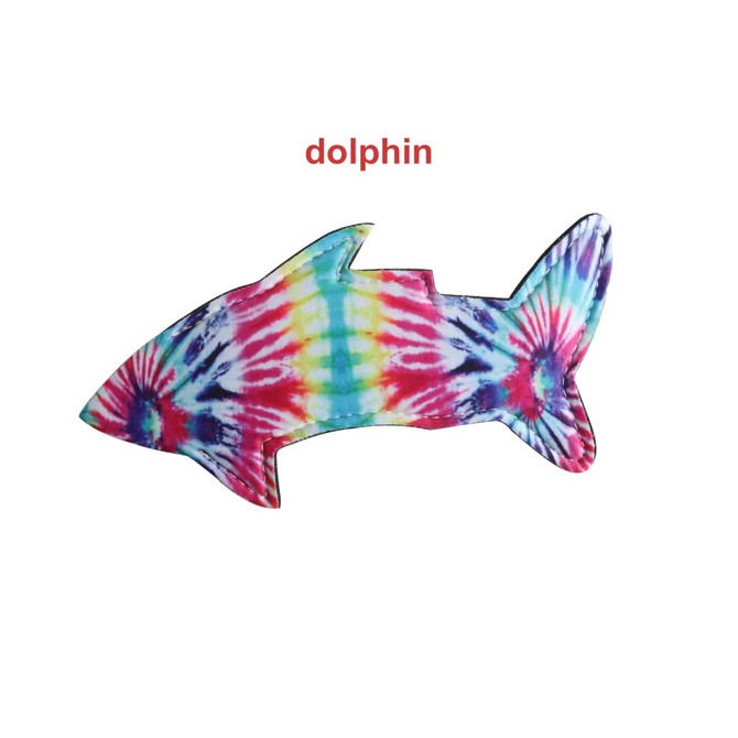 A multi-coloured, tie-dye dolphin-shaped Icy Pole Holder featuring vibrant shades of pink, blue, yellow, and green.