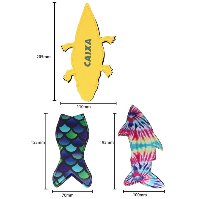Three vibrant, coloured Icy Pole Holders: a yellow lizard, a blue fish scale pattern, and a tie-dye shark design.