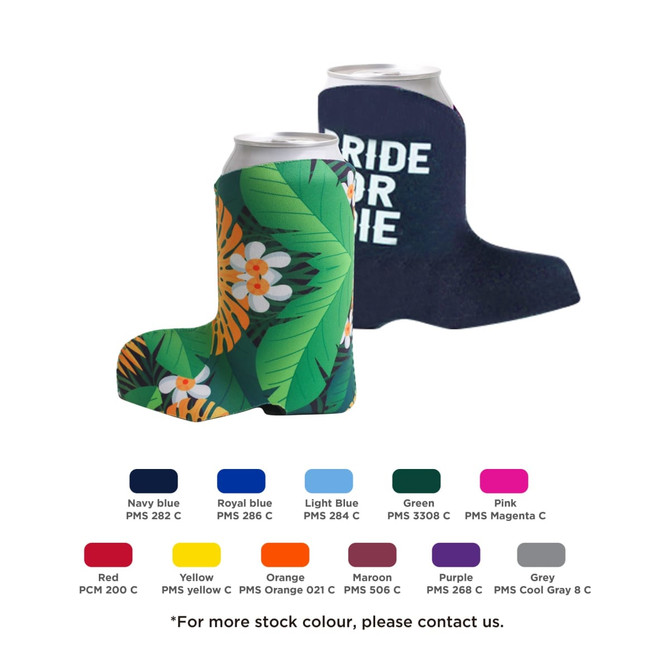 A drink bottle holder in a boot shape featuring a vibrant green tropical design and a navy blue solid colour, with a logo.