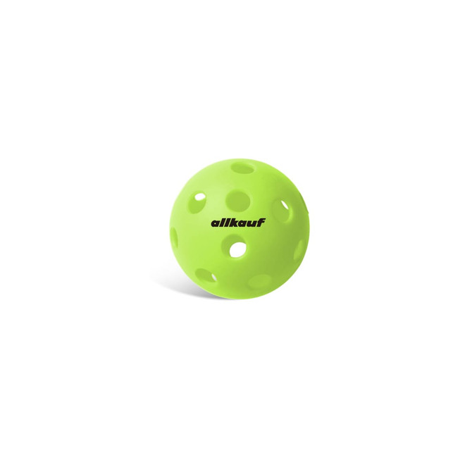A bright green pickleball with holes and a logo on its surface.