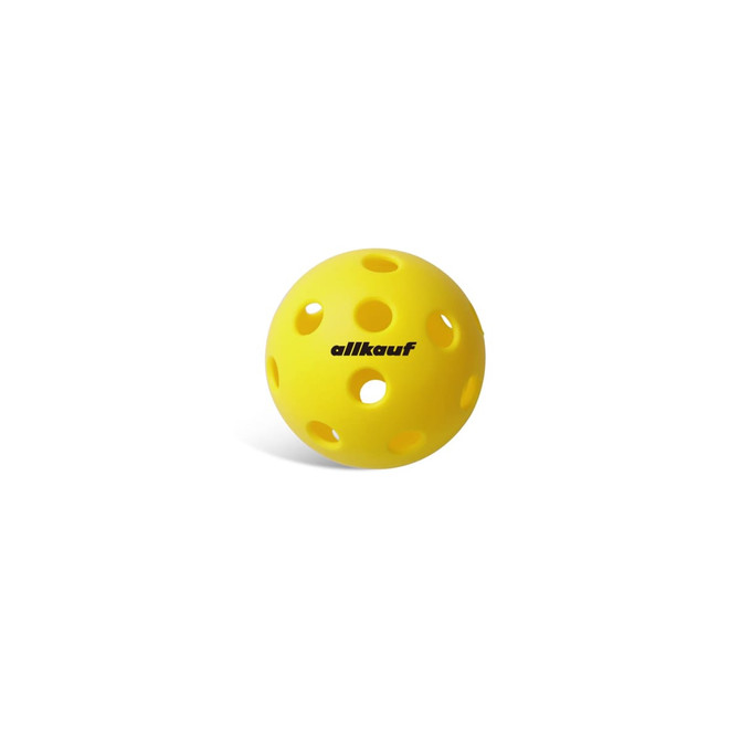 A bright yellow pickleball featuring multiple holes and a logo imprint.