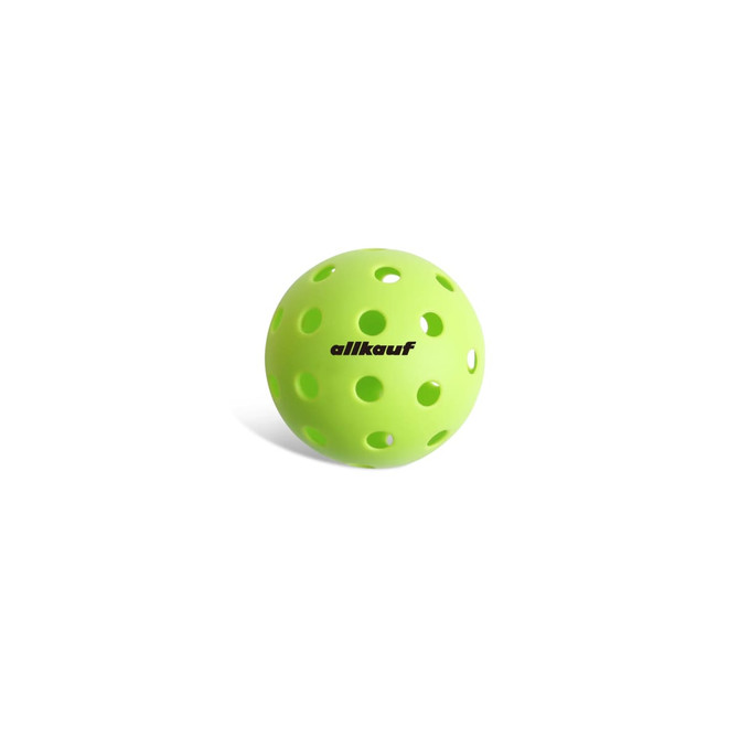 A bright green pickleball with holes, featuring a logo on the surface.