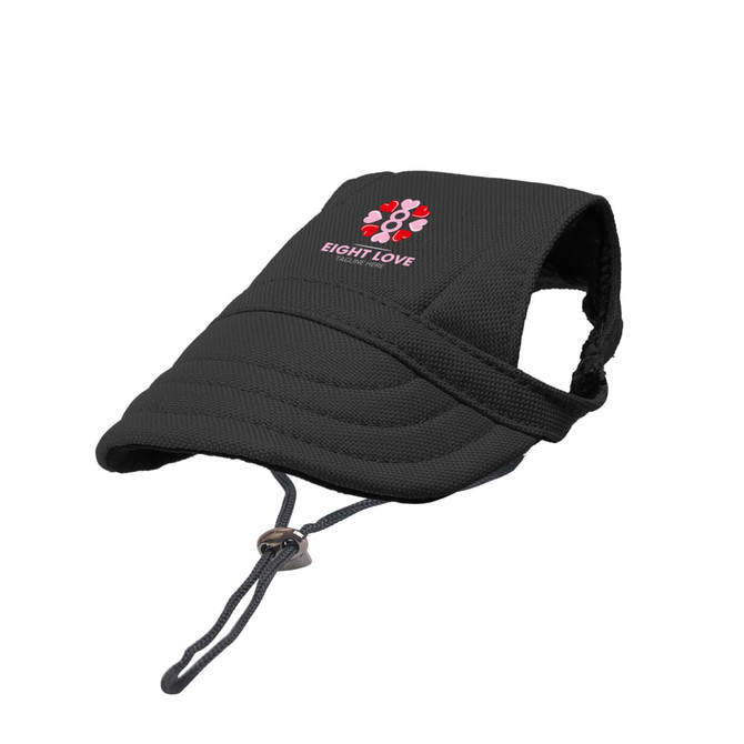 A black dog baseball hat featuring a logo, designed with a strap for secure fitting.