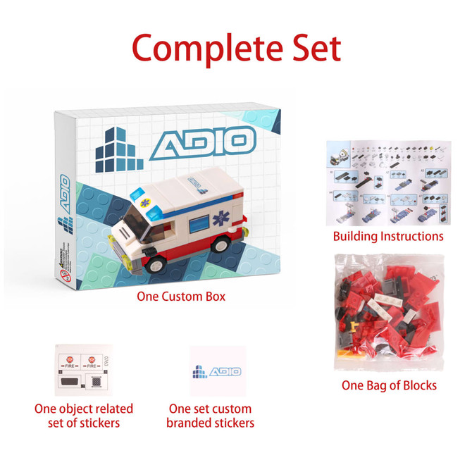 A box for "Car Series Building Blocks" featuring a red and white ambulance design, including instructions and a bag of blocks.