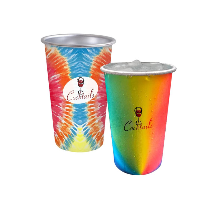 A set of two aluminium cups featuring vibrant tie-dye designs in rainbow colours, each with a logo.