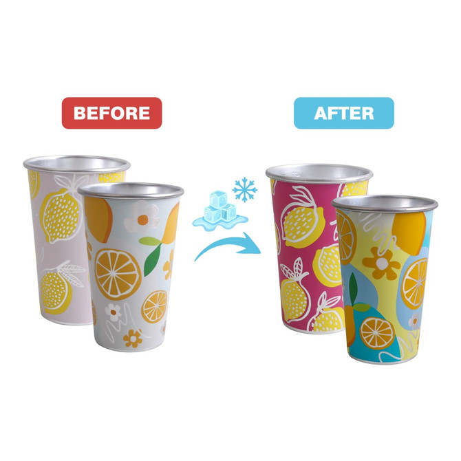A drink cup set featuring white designs with lemons and oranges changing to vibrant colours when cooled. Includes a logo.