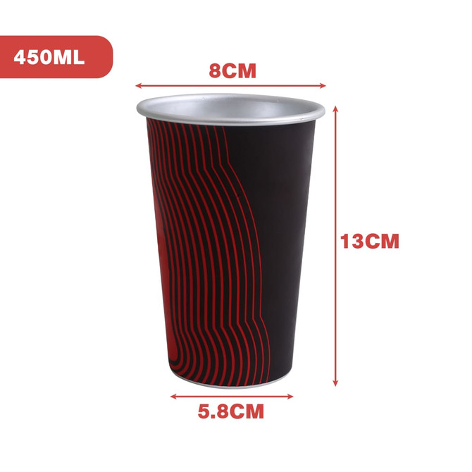 A drink cup featuring a black exterior with red wavy lines, measuring 13cm tall and 8cm wide, with a metallic interior.