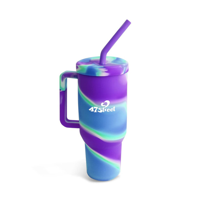 A drink bottle in vibrant purple and teal swirl design with a handle and a straw, featuring a logo.