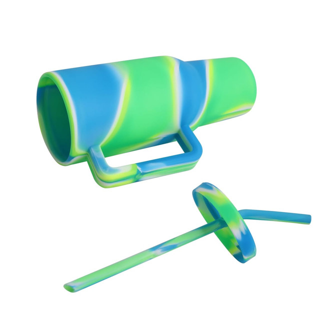 A drink bottle in vibrant green and blue silicone, featuring a handle and a straw. The design is eye-catching and modern.