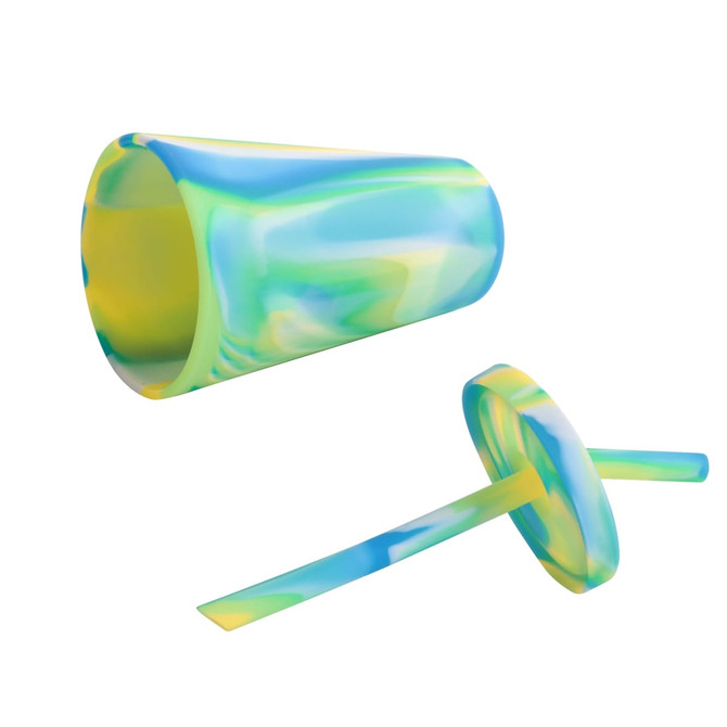 A drink bottle made of silicone featuring a blue and green marbled design, complete with a matching straw.