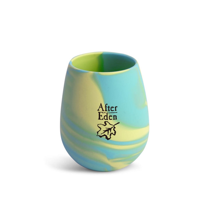 A silicone cup in blue and green marbled design, featuring a small logo on the front.
