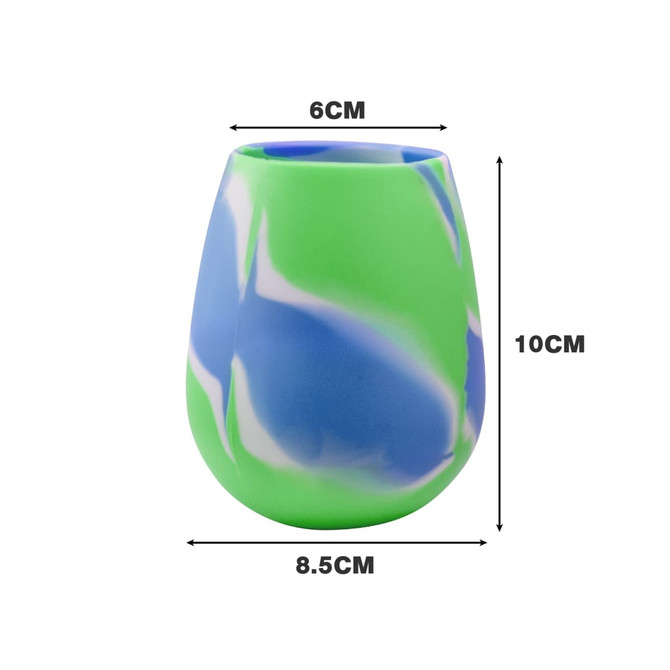 A silicone cup in green and blue, egg-shaped with dimensions of 6cm in diameter and 10cm in height.