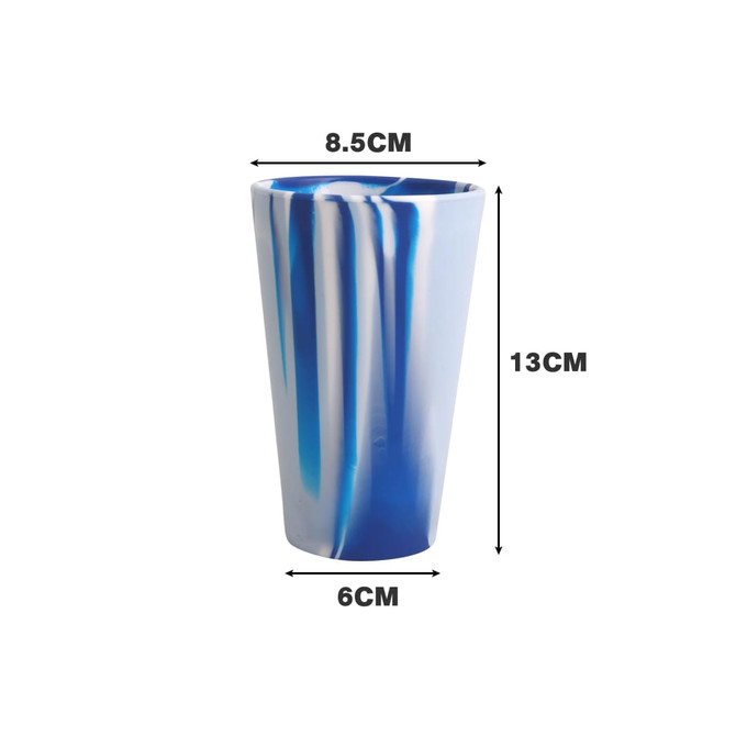 A blue and white marbled silicone cup with a tapered design, featuring dimensions of 13 cm height and 8.5 cm diameter.
