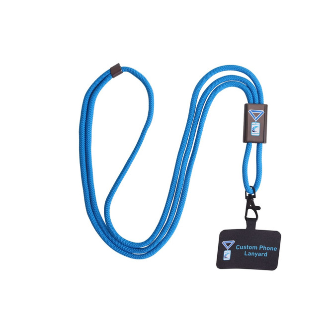 A blue adjustable phone lanyard with a metal buckle and a branded badge attachment.