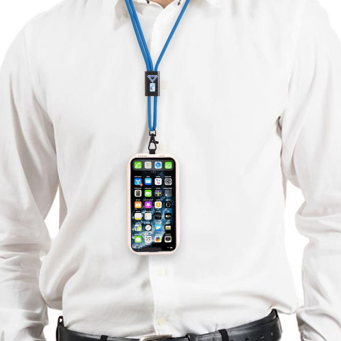 An adjustable blue phone lanyard with a metal buckle, holding a smartphone, worn around a person’s neck.