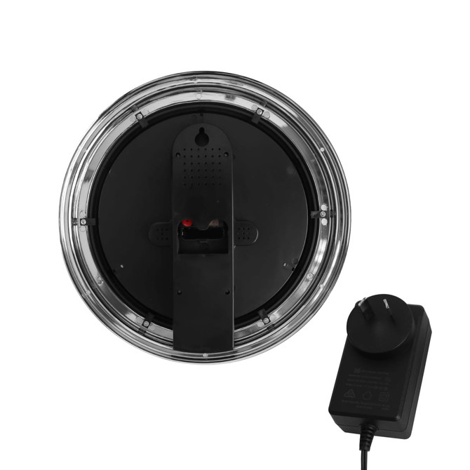 A double ring neon wall clock with a clear casing, featuring a black back and a power adapter.