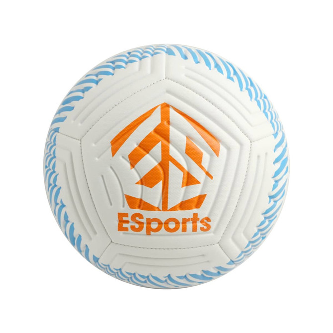 A white soccer ball with blue accents, featuring a logo in orange. The design includes textured patterns.