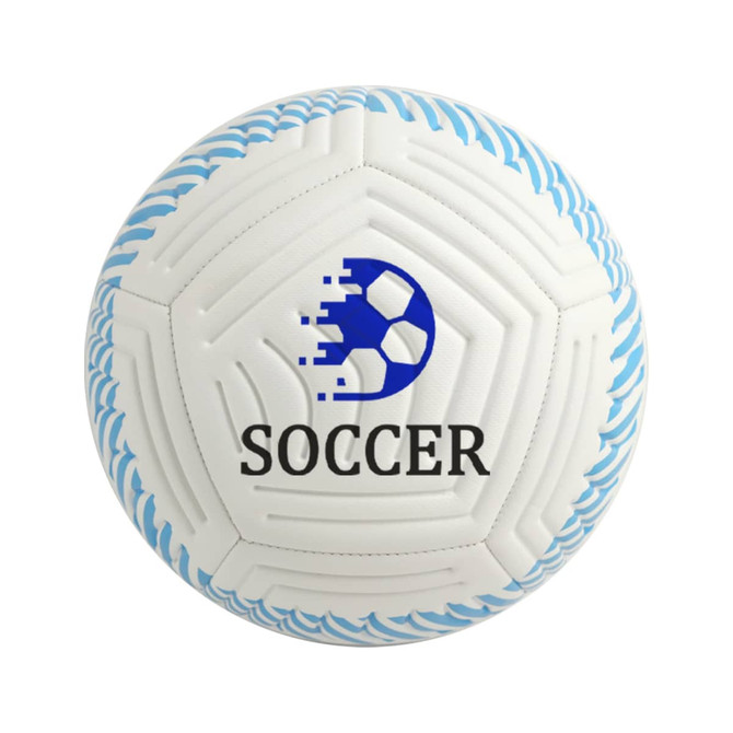 A white soccer ball with a blue and white design and a logo featuring a football and the word "SOCCER".