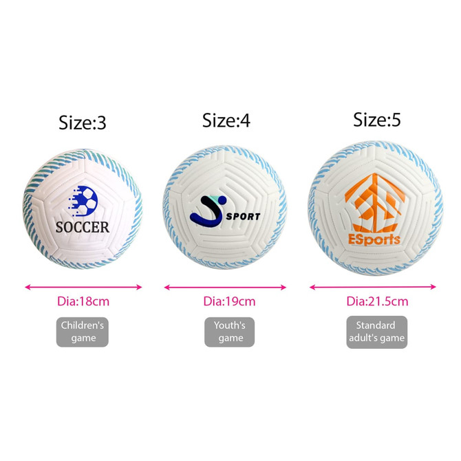 Three soccer balls are displayed, in sizes 3, 4, and 5. The balls are white with blue accents and feature various logos.