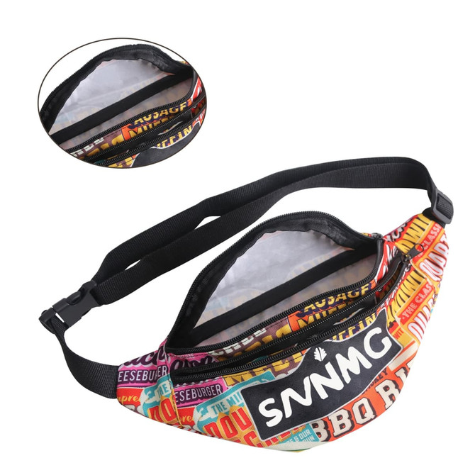 A vibrant full-colour bum bag featuring various colourful patterns and a black adjustable strap with a logo.