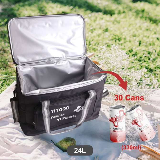 A black cooler bag with a silver interior, capable of holding 30 cans. It features a logo on the front.
