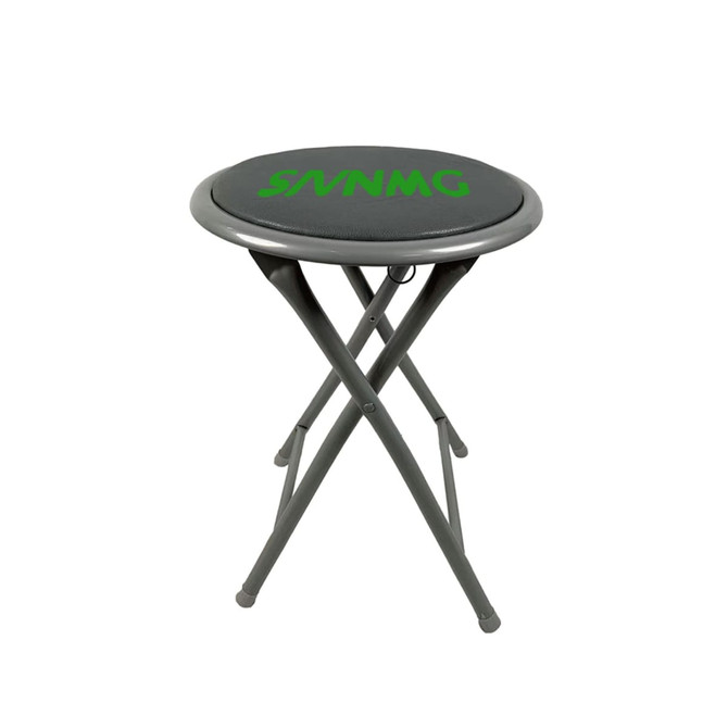 A folding stool with a round black seat and grey metal frame, featuring a branded logo on the seat.