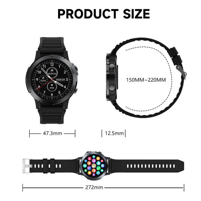 A round black smart watch with a colourful display, featuring measurements of 47.3mm width and 12.5mm thickness.