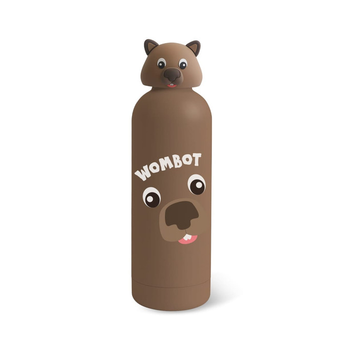 A drink bottle featuring a whimsical brown design with an animal head top and a cartoonish face. Includes branding.