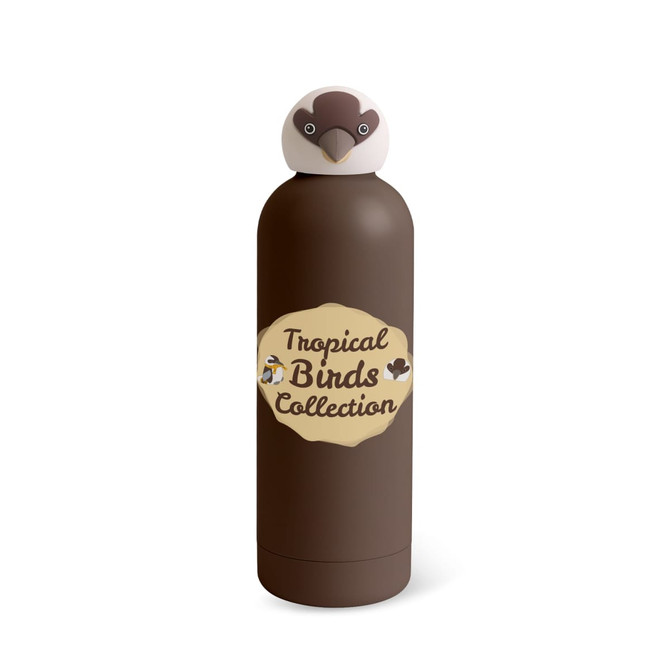 A drink bottle in brown with a decorative animal head lid, featuring a label for the "Tropical Birds Collection."