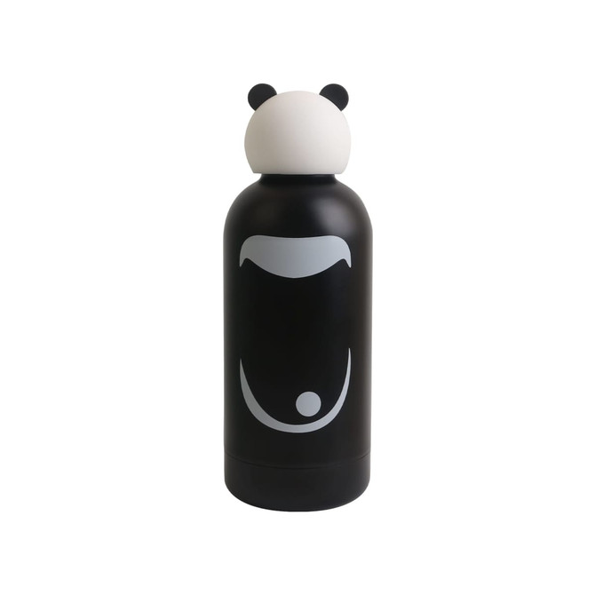 A drink bottle with a black body and a panda head lid, featuring a simple facial design and a logo on the front.