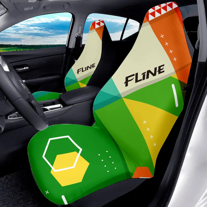 Full Colour car seat covers featuring a vibrant design with green, yellow, orange, and red geometric patterns.