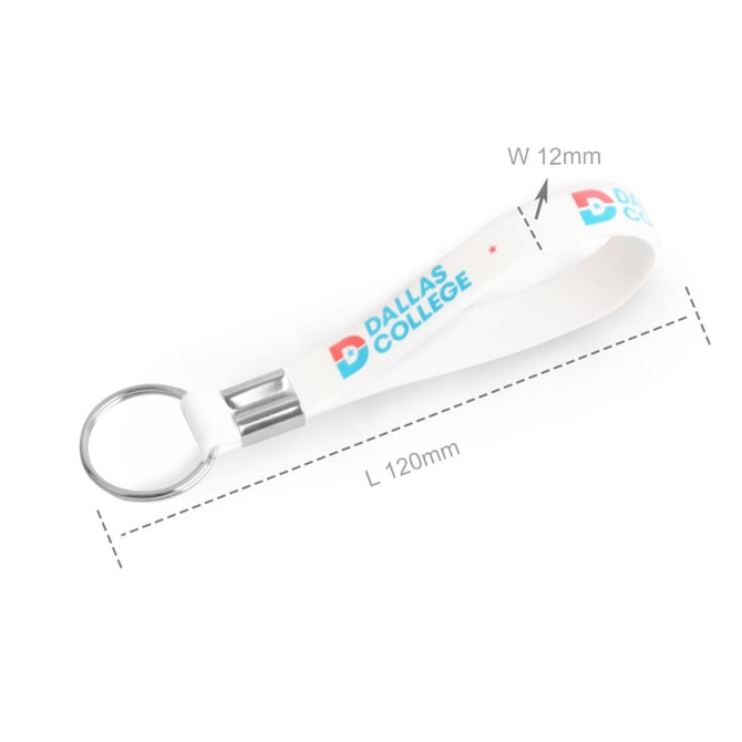 A white silicone key ring with a key loop, featuring a logo in blue and red. Dimensions: 120mm long, 12mm wide.
