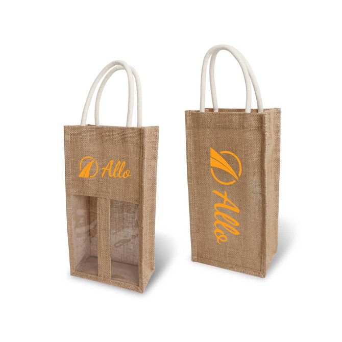 A jute double wine carrier with a transparent window, featuring a beige colour and two sturdy handles.