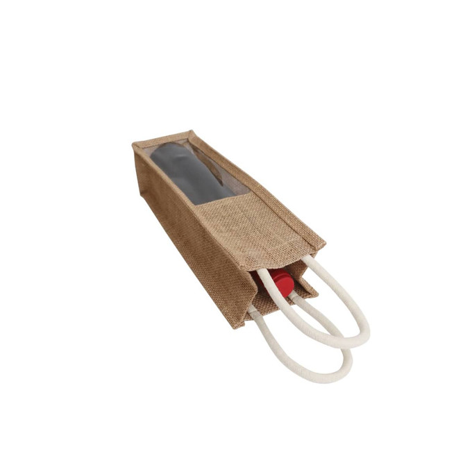 A jute wine carrier in natural brown with a clear window and two white handles, holding a drink bottle inside.