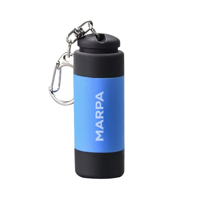 A rechargeable LED torch in blue and black, featuring a carabiner and a logo.