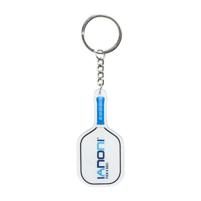 A custom-shaped acrylic keyring resembling a paddle, featuring blue and white colours, with a logo.